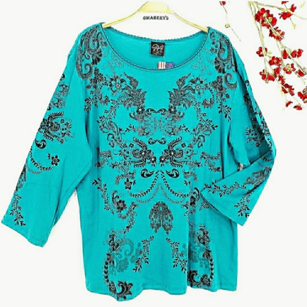 New KATINA MARIE Abstract Floral Art Embellished 3/4 sleeves Top sz 3X